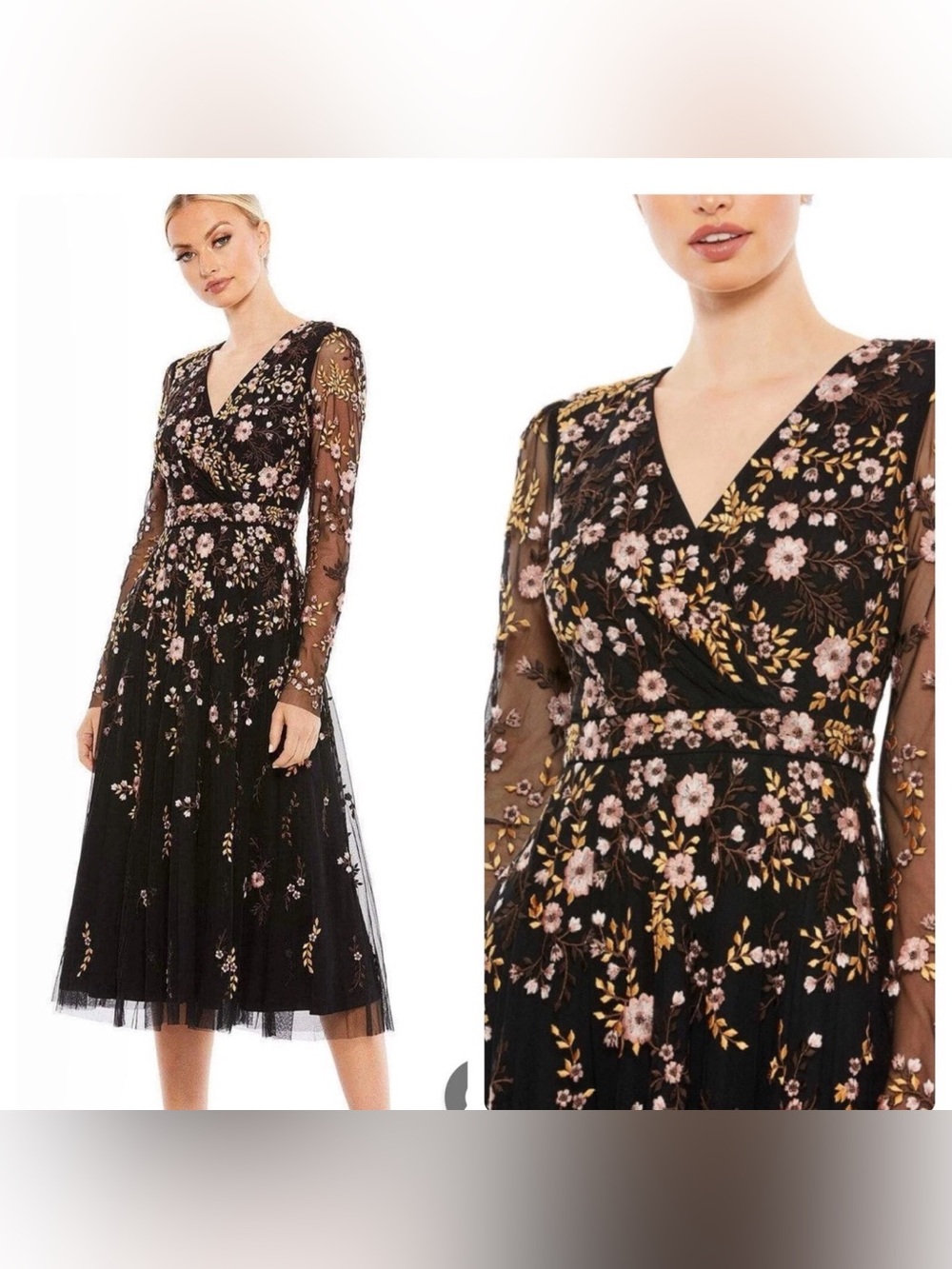 Mac Duggal 35103 Floral Embroidered Mesh Midi Cocktail Dress Black Size 10 $598